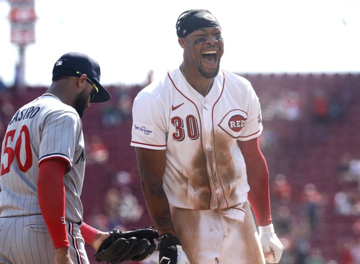 Sep 20, 2023; Cincinnati, Ohio, USA; Cincinnati Reds right fielder Will Benson (30) reacts after hitting a triple against the Minnesota Twins during the seventh inning at Great American Ball Park. Mandatory Credit: David Kohl-USA TODAY Sports
